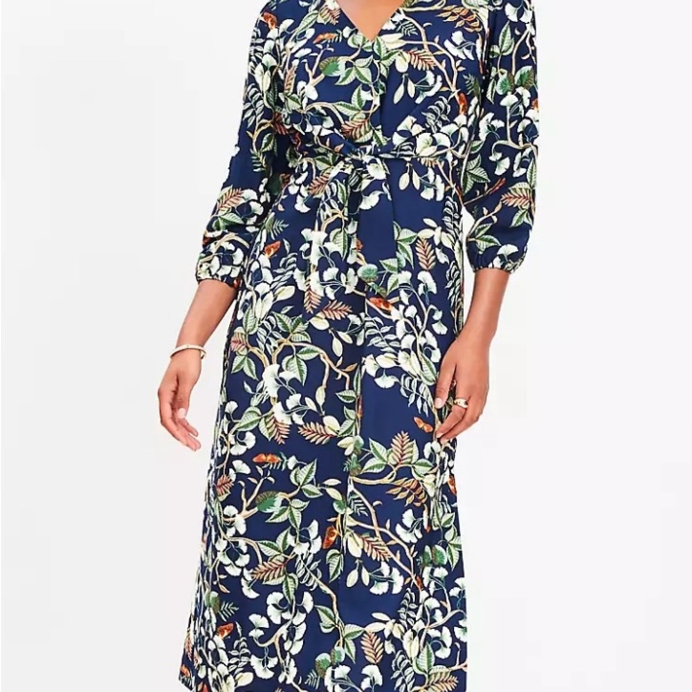 LOFT Navy Floral Long Sleeve Dress